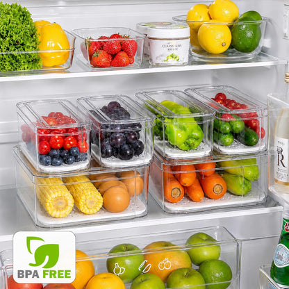 SMRCAD Refrigerator Organizers and Storage, 6 Pack with 1 Pull-Out Drawer and 5 Lidded Bins, Fruit Storage Containers for Fridge with Drain Trays, Helps Keep Produce Fresh