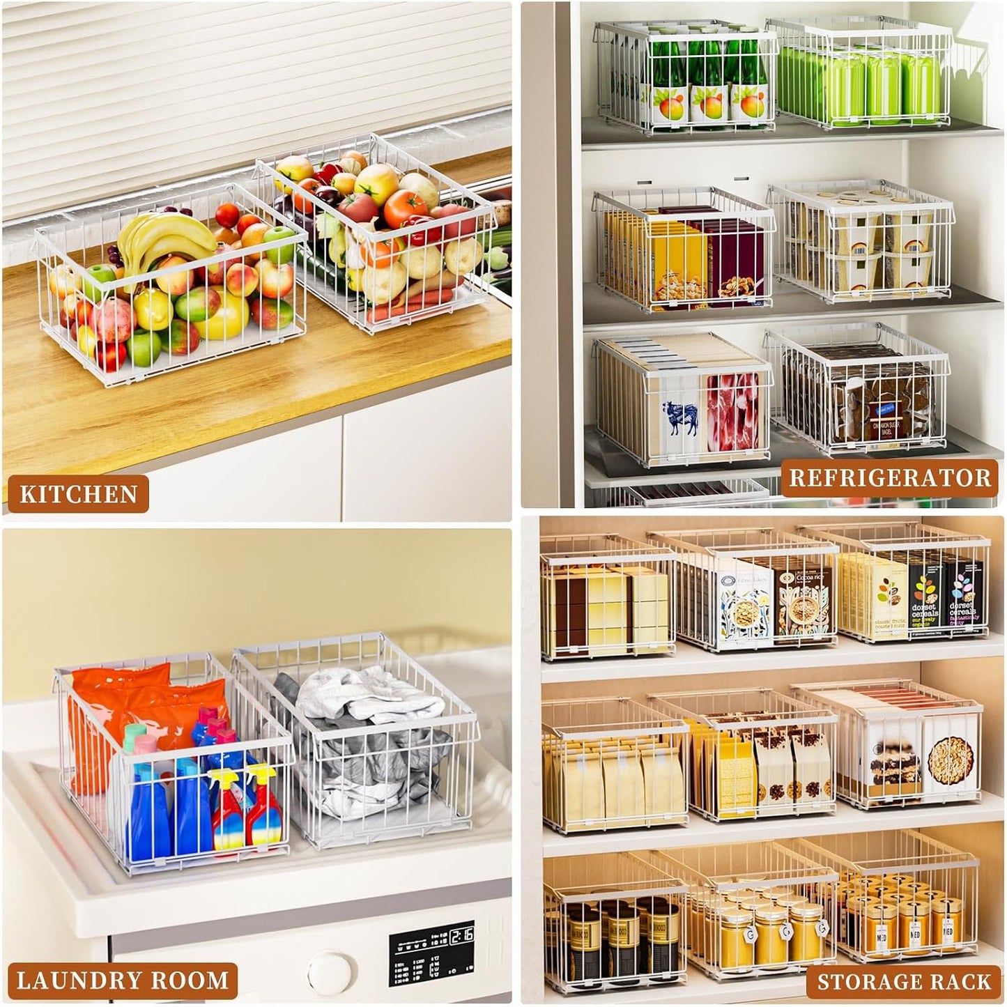 Large Freezer Organizer Bins, Upgrade Quick Expand/Collapse Feature, for 5-9 Cu.Ft Deep Freezer, 3 Pack Stackable Deep Freezer Organizer Bins, Black Wire Foldable Baskets (Black 3 Pack)