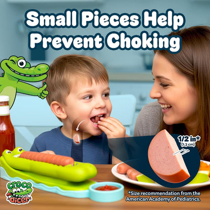 CrocoDicer: Fun Hot Dog Cutter That Lets Kids Cut Their Own Hot Dogs Safely. One Press = 24 Bites. Even Picky Eaters Will Love Dinner Time. 100% Kid and Crocodile Safe (Not Approved by Alligators).