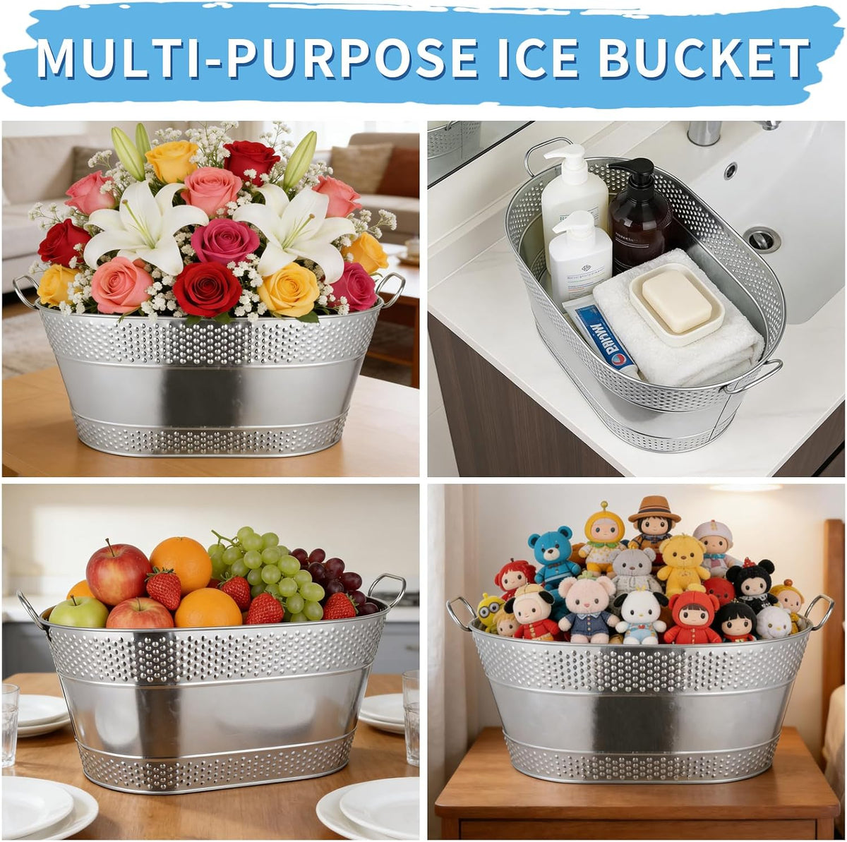 4 Gallon Galvanized Beverage Tub, 2 Pcs Heavy-Duty Ice Buckets Large Galvanized Drink Buckets with Handles for Catering Bars Parties
