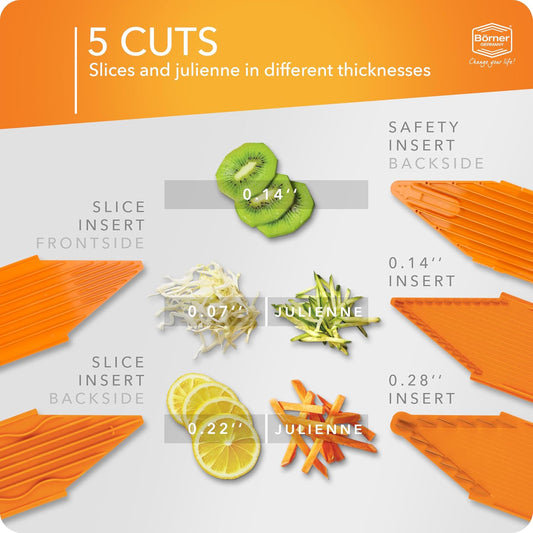 Mandoline Food Slicer Börner V1 (Starter Set) by Reston Lloyd • V-Slicer with 3 Blade Inserts & Food Holder • Made in Germany • Fruit & Vegetable Chopper • Multiple Settings • Color: Red