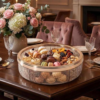 Yajuyi Divided Serving Tray Snack Dishes Dessert Plate Rotating Serving Platter Dish Clear Visibility Lid Suitable for Entertaining Living Room, Rose Golden Bow