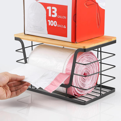 ALOCEO 2 Pack Stackable Wire Storage Basket with Bamboo Lid, Trash Bag Dispenser Under Sink for 4-13 Gal Bags, Kitchen Storage Bins for Potato and Onion, Brown