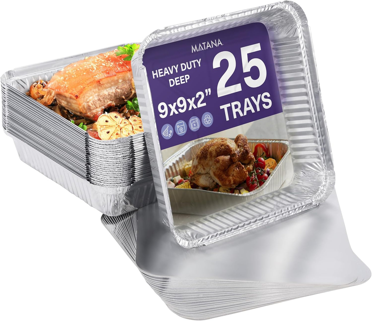 MATANA 25 Pack 10x14 Aluminum Pans, Lasagna Pan Disposable Baking Tin Foil Pan, Half Size Deep Steam Table Pan, Aluminum Tray, Great for Oven Roasting, Chafing, Heating, Serving Food, Parties