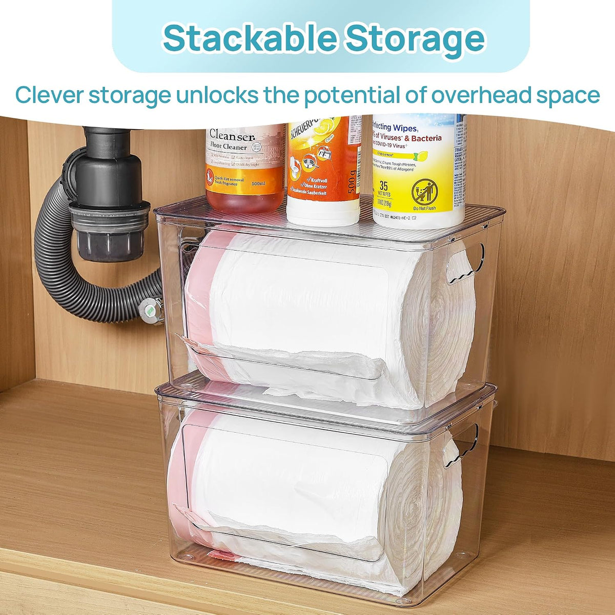 Vtopmart 2 Pack Trash Bag Holder with Bamboo Lid, Stackable Garbage Bag Dispenser for 13/30/33 Gallon Bags, Clear Organizer Bins for Under Kitchen Sink, Laundry Room Organization and Storage