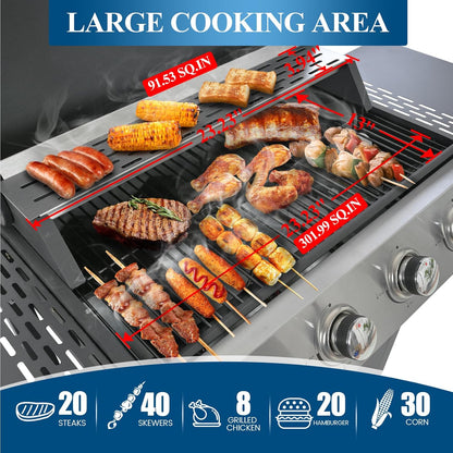 3-Burner Propane Gas Grill, 30,000 BTU Stainless Steel Outdoor BBQ Grill with Lid, Side Shelves & Wheels for Patio, Garden and Backyard Cooking