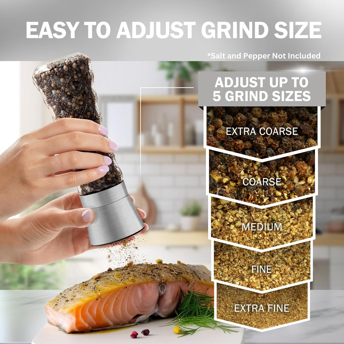 Home EC Premium Stainless Steel Sea Salt and Pepper Grinder Set of 2 - Adjustable Ceramic - Tall Glass Salt and Pepper Shakers - Kitchen Spice Mill W/Funnel & EBook