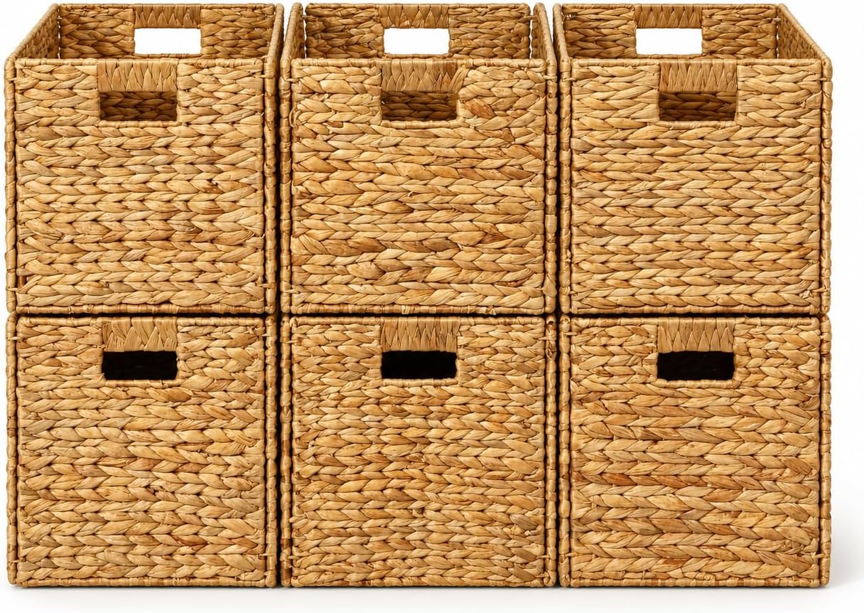 4 Hand-Woven Wicker Storage Baskets 13x11x11in, Water Hyacinth Shelf Bins | ECO-FRIENDLY & SUSTAINABLE