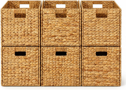 4 Hand-Woven Wicker Storage Baskets 13x11x11in, Water Hyacinth Shelf Bins | ECO-FRIENDLY & SUSTAINABLE
