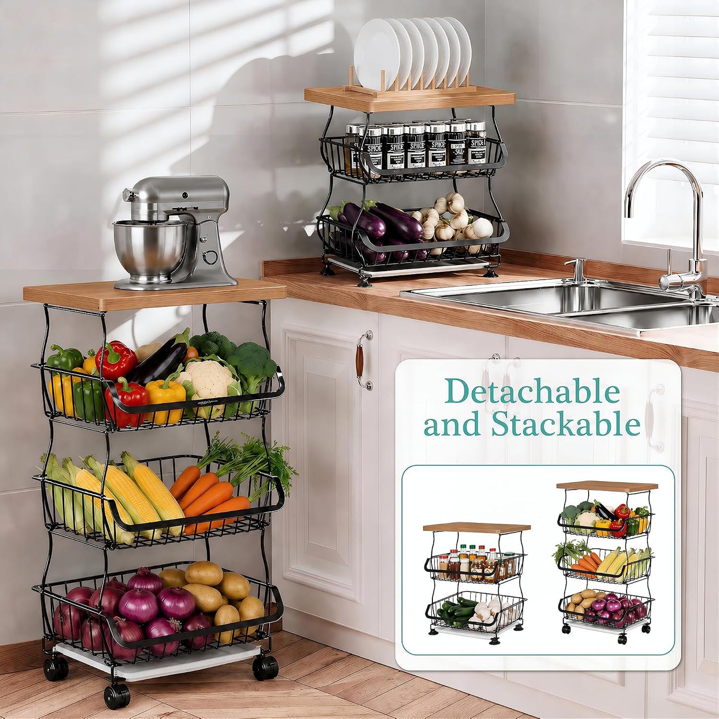 VECELO 4-Tier Fruit Basket with Wheels, Fruit and Vegetable Storage Cart for Kithchen, Stackable Produce Organizer Wire Baskets for Kitchen, Pantry, Living Room