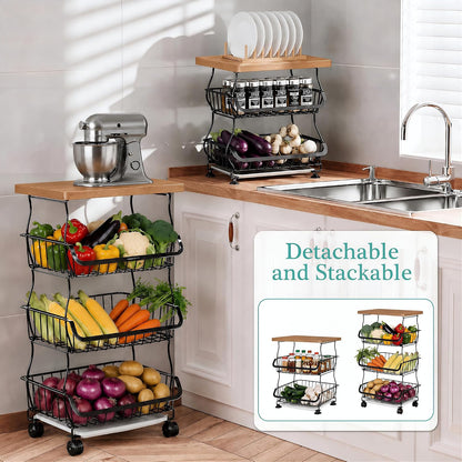 VECELO 4-Tier Fruit Basket with Wheels, Fruit and Vegetable Storage Cart for Kithchen, Stackable Produce Organizer Wire Baskets for Kitchen, Pantry, Living Room