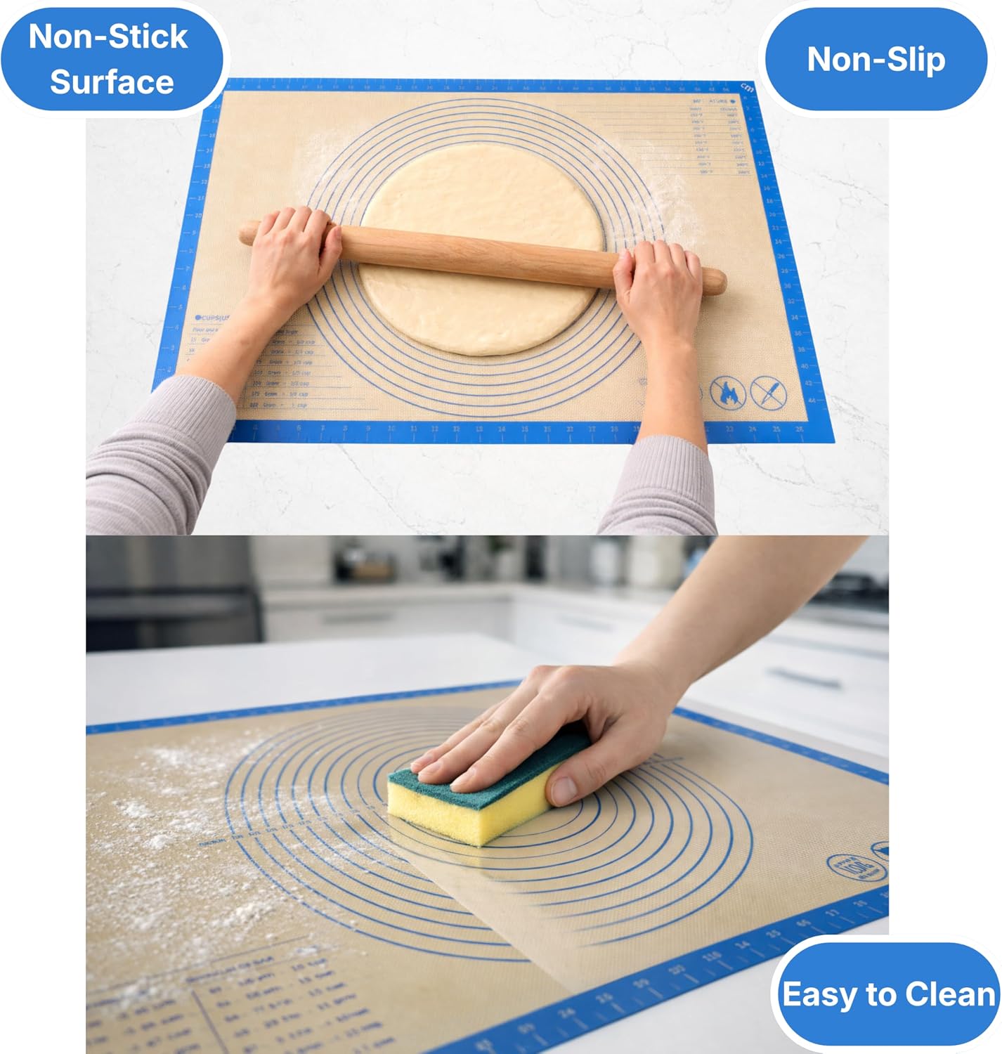 Silicone Pastry Mat with Measurements, 28 x 20 Inch Extra Thick Non-Slip Nonstick XL Baking Mat for Dough Rolling, Kneading, Fondant and Pie, Red