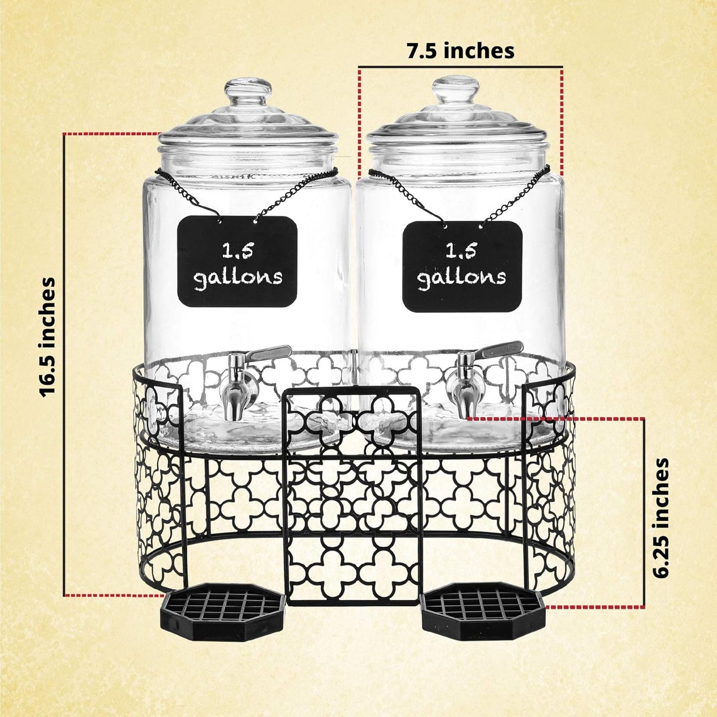 Dual 1.5 Gallon Glass Beverage Dispensers for Parties with Decorative Metal Stand, Stainless Steel Spigot,- Double Drink Dispenser Station for Parties, Weddings, Holidays