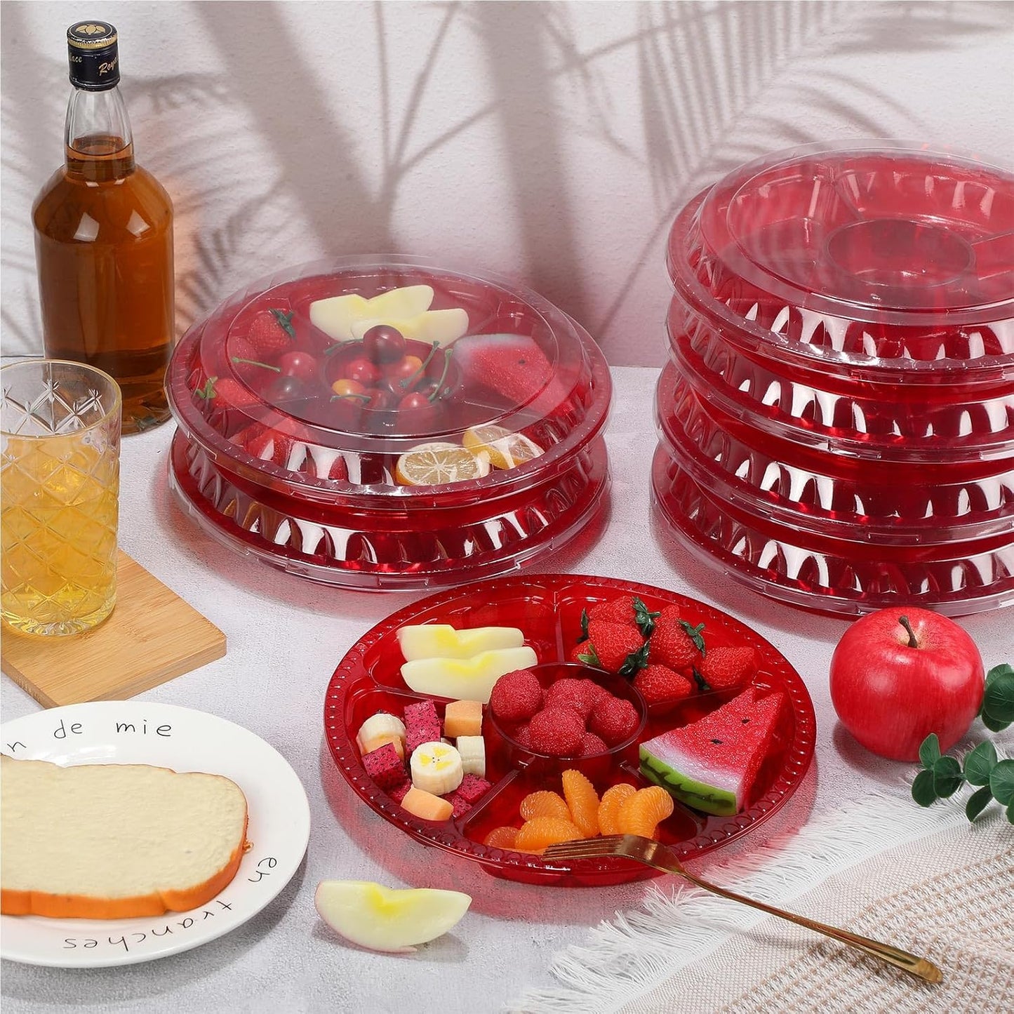 Rtteri 36 Pcs Round Catering Trays with Lids Divided Serving Trays 6 Compartment Disposable Plates Plastic Appetizer Traysplatters Food Storage Containers for Christmas Party Fruit Buffet (Black)