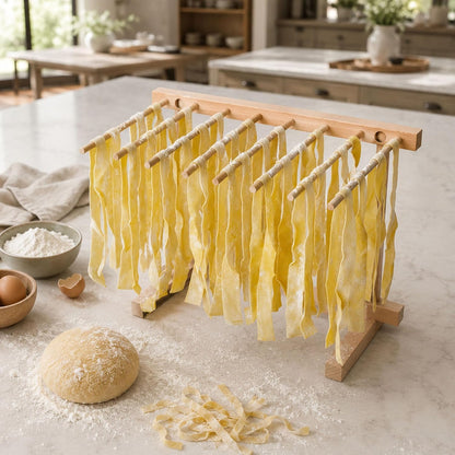 Pasta Drying Rack - Collapsible Spaghetti Holder with 8 Bars for Homemade Fresh Pasta - Wood Drying Rack for Spaghetti, Linguine, Fettucine, or Pappardelle - Kitchen Accessories by Classic Cuisine