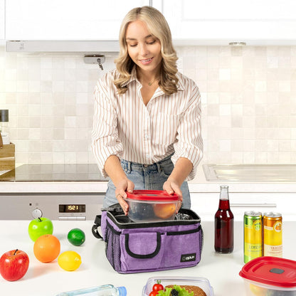 opux Insulated Lunch Bag Women Men, Dual Compartment Leakproof Lunch Box Adults Kids, Double Decker Meal Prep Bento Lunch Cooler Tote with Shoulder Strap for Work Office School Travel, Floral Purple