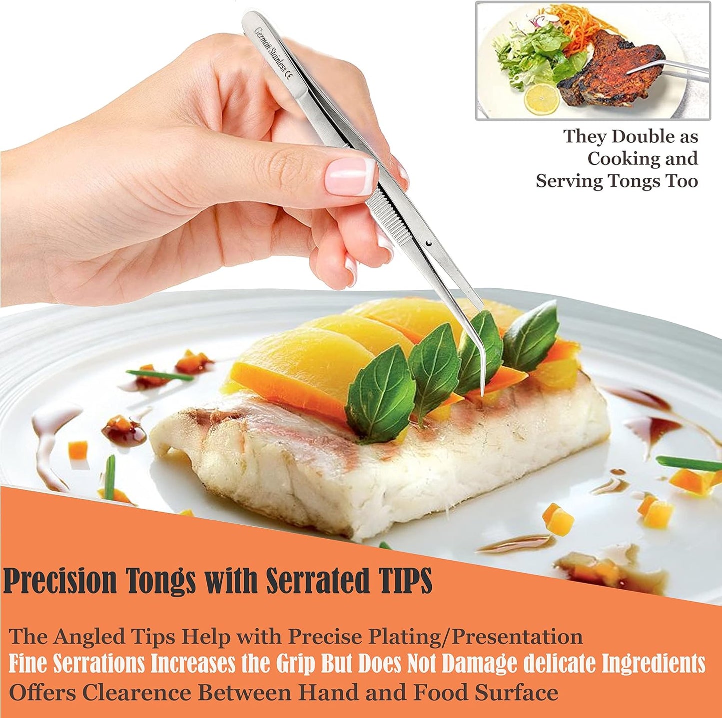 6 Inch Professional Culinary Stainless Steel Precision Tongs with Angled Serrated Tips, Plating/Food Presentation Detailing Serving Tongs, Chef's Kitchen Tweezer Tongs - Ultra Non-Slip Grip