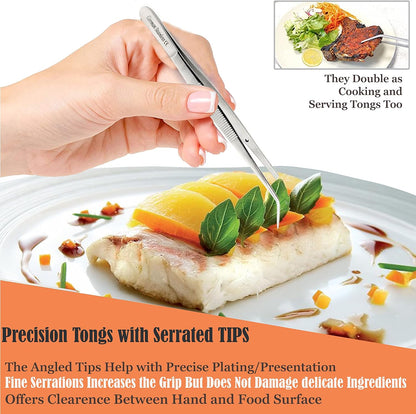 6 Inch Professional Culinary Stainless Steel Precision Tongs with Angled Serrated Tips, Plating/Food Presentation Detailing Serving Tongs, Chef's Kitchen Tweezer Tongs - Ultra Non-Slip Grip