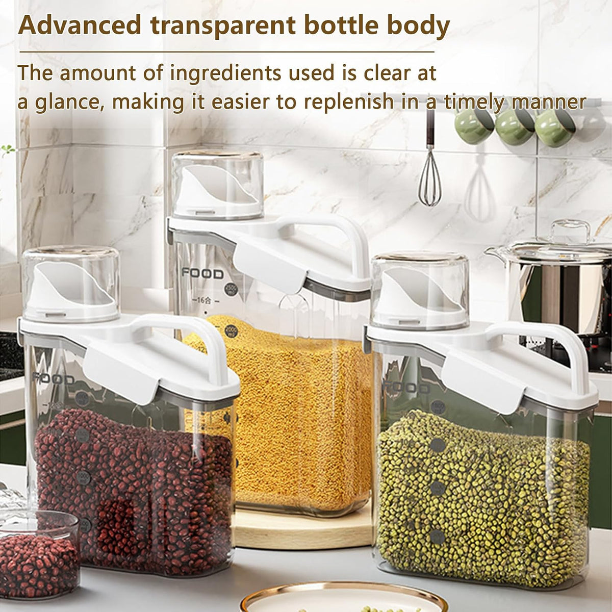 Cereal Containers Dispenser Rice Storage Container Clear Food Storage Containers Measuring Cup Pour Spout With Lids Airtight For Kitchen Grain Dry Food Pet Dog Food Organization（Green 1.6L）