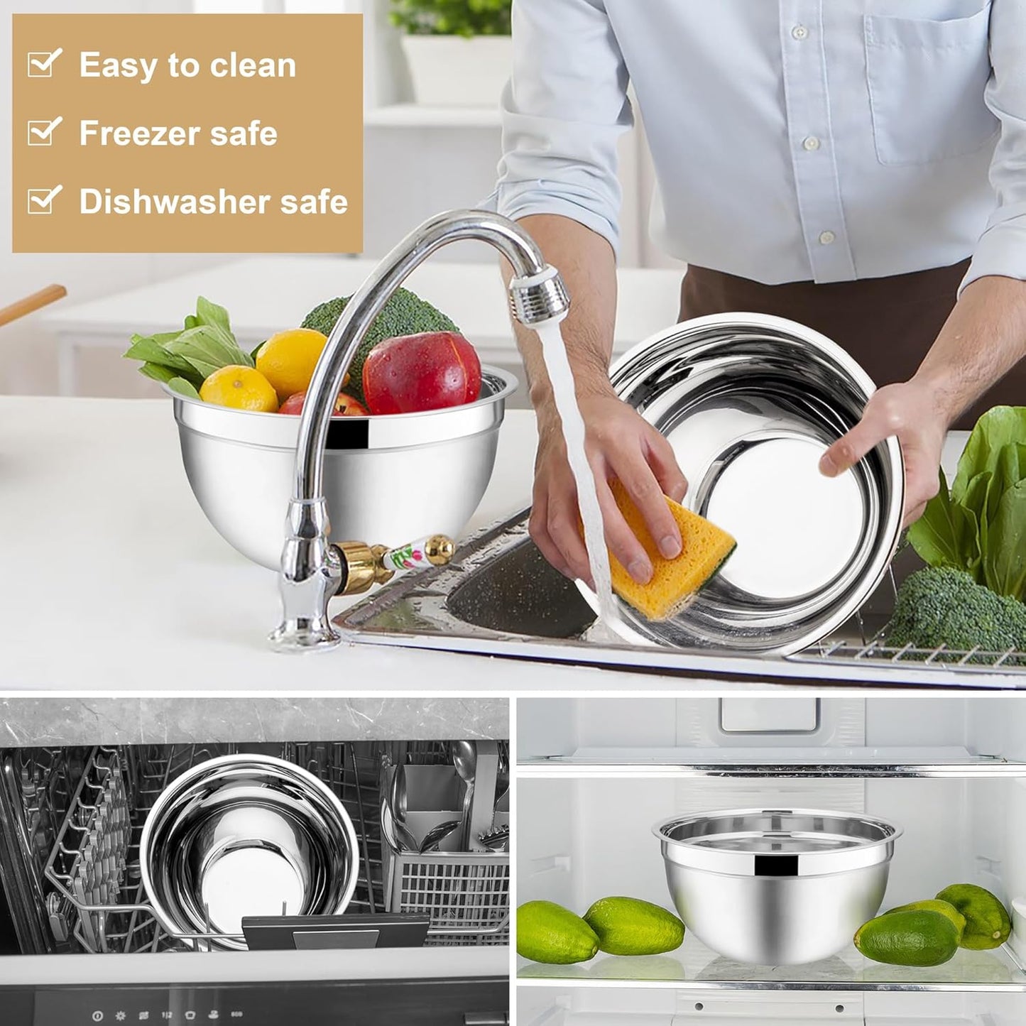 E-far Mixing Bowls With Lids Sets of 5, 10-Piece Stainless Steel Salad Metal Nesting Bowl for Baking Cooking and Prepping, Airtight Lid & Stackable Design, Size 4.6, 3, 2.1, 1.5, 0.7 QT, Black