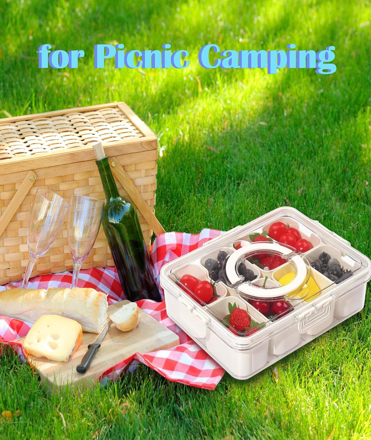 1Pack Divided Serving Tray with Lid and Handle Snack Tray with Lid Picnic Charcuterie Fruit Tray Candy Container Picnic Charcuterie Travel Box for Snacks (1)