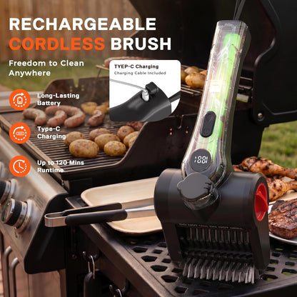 Electric Grill Brush, 100W High Power Cordless BBQ Cleaner with 300ml Water Spray Tank, IPX8 Waterproof Automatic Scrubber for Gas Charcoal Grills, 2-Speed Rechargeable Power Brush with Scraper