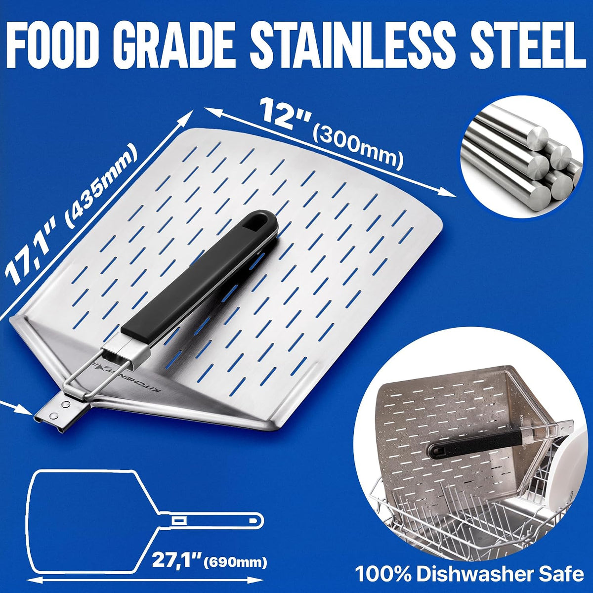 12-Inch Stainless Steel Pizza Peel with Folding Handle, Silver Non-Perf