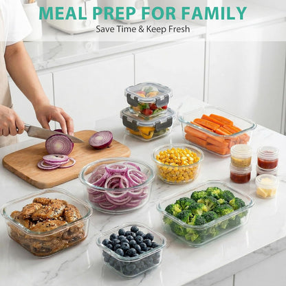 34pcs Glass Food Storage Containers with Lids Set, Airtight Glass Meal Prep Containers (17 Containers & 17 Lids), Leak Proof Lunch Container BPA-Free, Microwave, Oven, Freezer, Dishwasher Safe-Blue