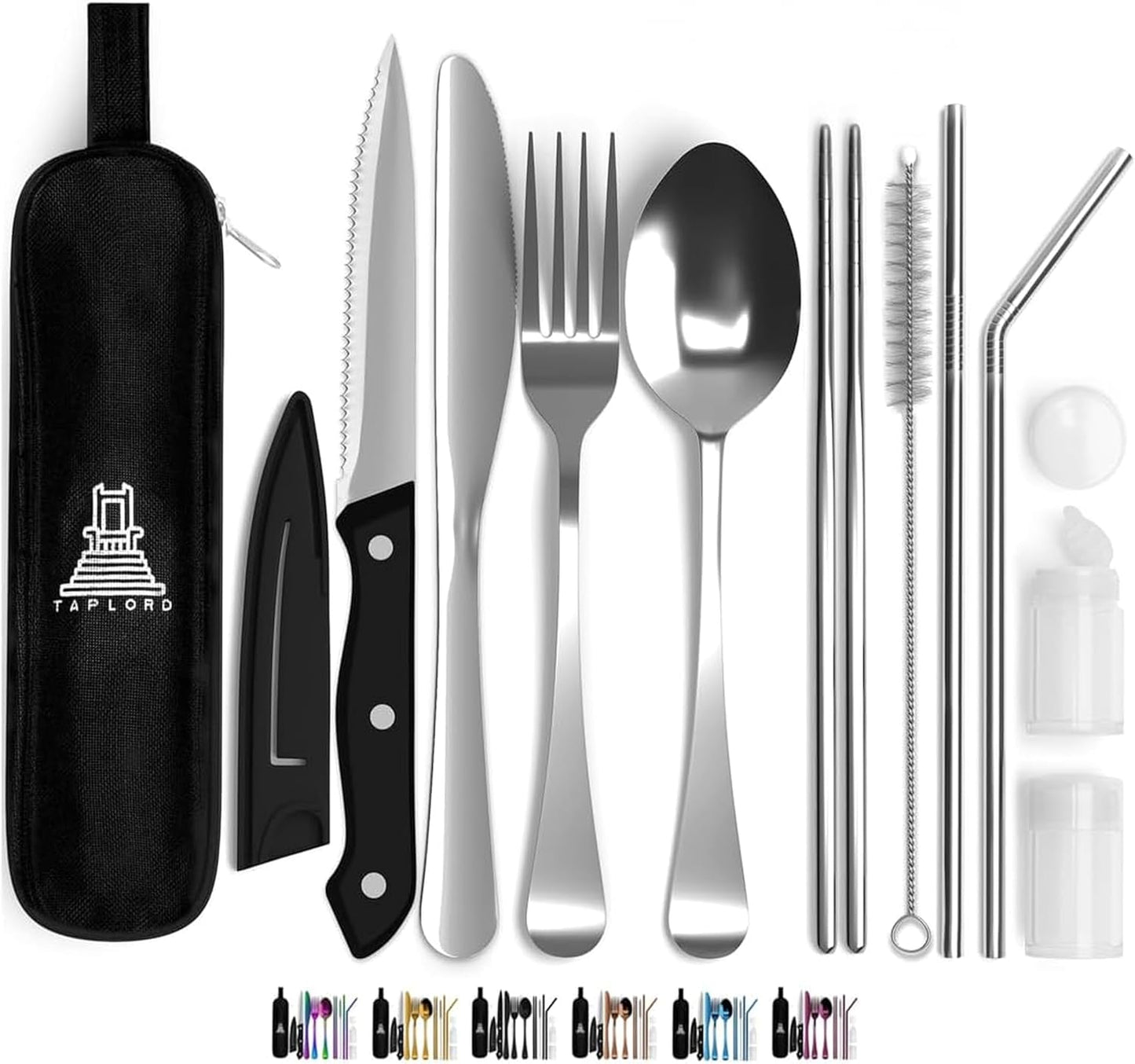 Taplord Portable Travel Silverware Set With Case, Includes 10 Pcs of Travel Utensils With Case, Stainless Steel Flatware Set For Camping, Lightweight (Multi-Color)