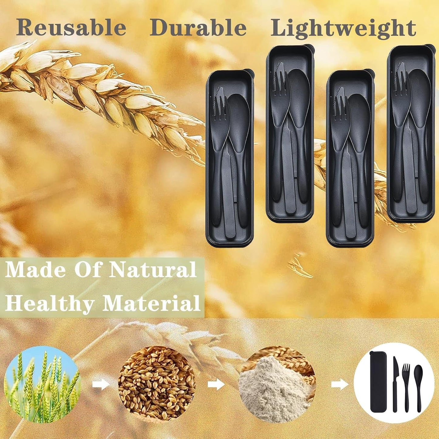 Reusable Travel Utensils Set with Case, 4 Sets Wheat Straw Portable Plastic Fork Spoons Knife Cutlery, Camping Eco-Friendly BPA Free Tableware for Kids Adults Work Picnic or Daily Use (Colorful)