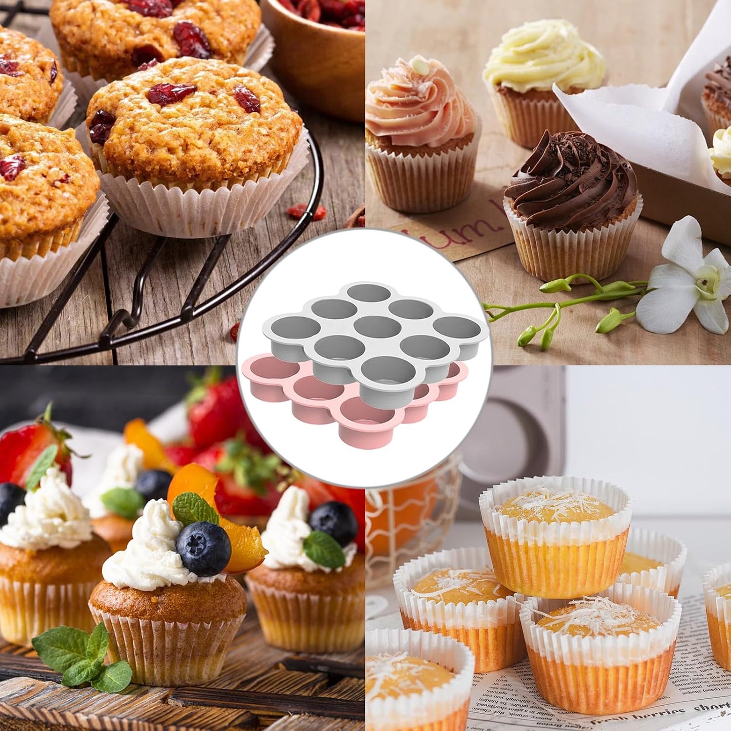 Silicone Egg Bite Molds- 4 Cups Air Fryer Egg Mold, Silicone Egg Molds Ideal For Muffins, Cakes, Pies, Breads (2 Pcs Red + Gray)