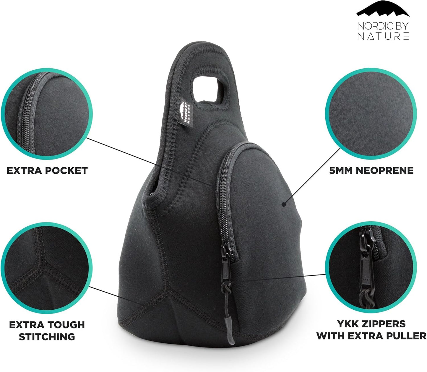 Nordic By Nature Large Neoprene Lunch Bag for Women & Lunch tote for Kids Insulated Lunch bag Reusable Washable Extra Thick Neoprene & Soft Cotton Feel, Premium Stitching, Outside Pocket, (L) Black