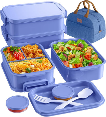 KEMETHY Adults Bento Lunch Box Set with Thermo Bag, 74oz Stackable Leak-proof 3-tiers Bento Box, Built-in Utensil and Sauce Container for Work, School, Dining Out (Gray)