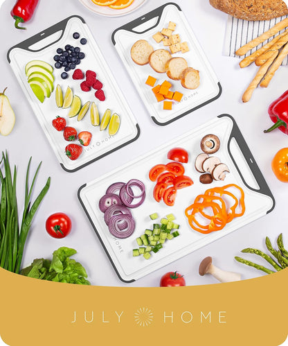 Cutting Boards for Kitchen, Plastic Cutting Board Set of 3, Dishwasher Safe Cutting Boards with Juice Grooves for Meat, Veggies, Fruits, Easy Grip Handle, Non-Slip (Black/Gray)