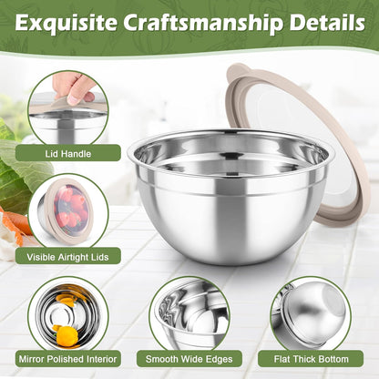 TeamFar Mixing Bowls, Stainless Steel Nesting Salad Bowls with Lids Set of 3 & 3 Grater Attachments, For Mixing/Serving/Storing, Non-toxic & Long-lasting, Size 4.6/3 / 1.5 QT, Black