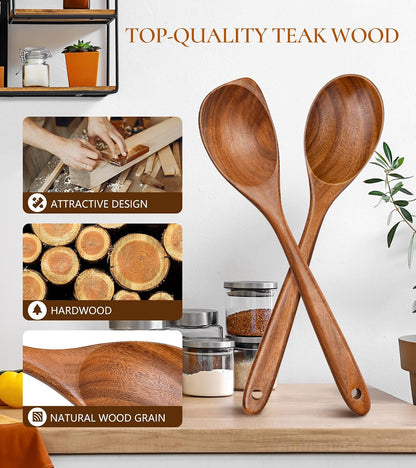 Wooden Spoons for Cooking, Premium Teak Wooden Cooking Utensils for Serving