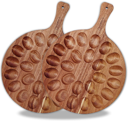 2-Pack 24 Holes Deviled Egg Platter,Acacia Wooden Round Deviled Egg Charcuterie Board Tray Holder Carrier with Handle for Kitchen Countertops