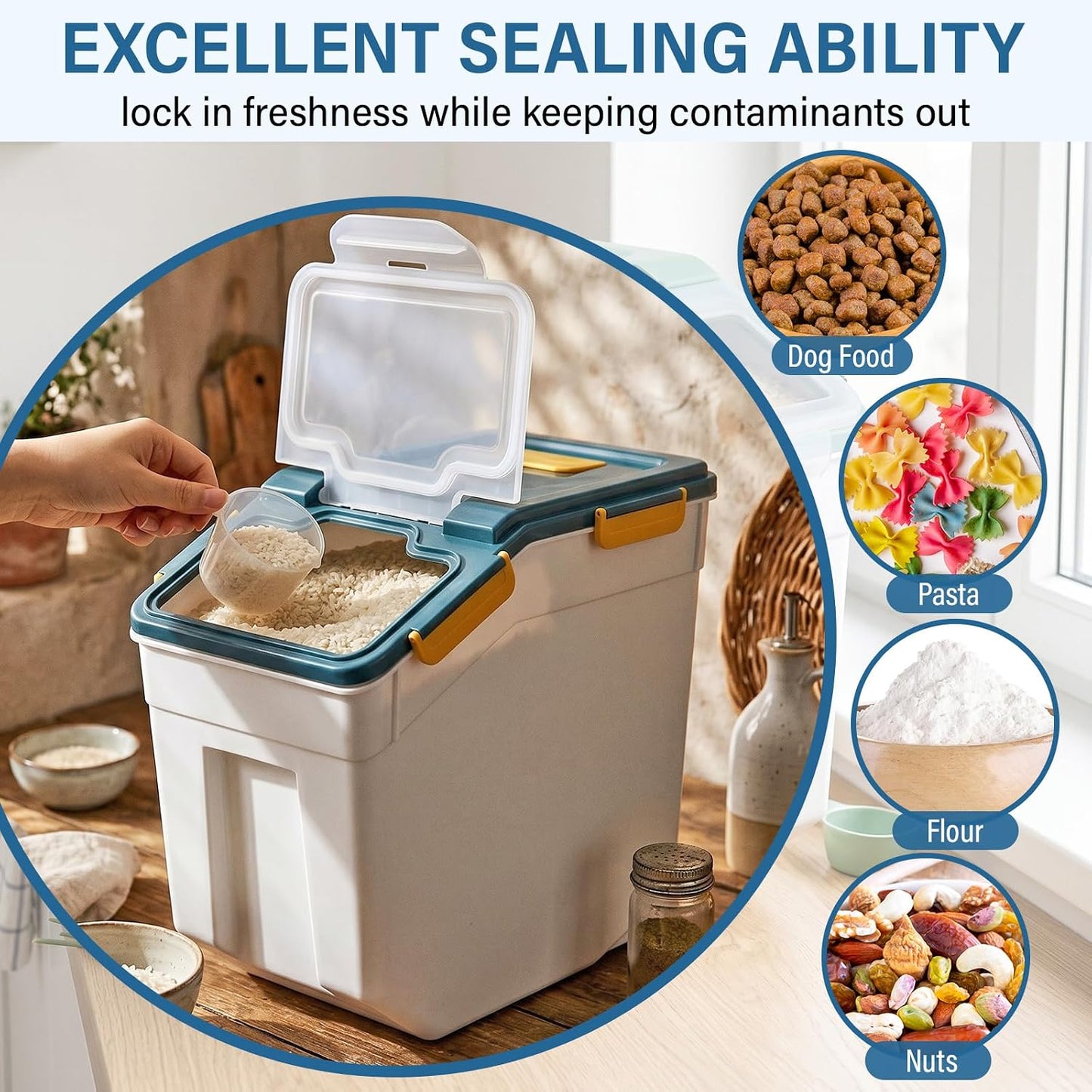 Umigy 4 Pcs 55lbs Large Dog Food Storage Container Rice Flour Bin Plastic Boxes with Measuring Cup Airtight Flour Grain Cereal Sugar Storage Container with Locking Lid and Wheels