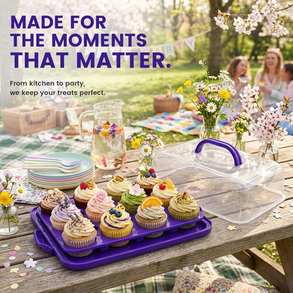 VGOODALL Cake Carrier with Lid and Handle, 12 Capacity Cupcake Carrier, 2-in-1 Rectangular Cupcake Holder for Pies Muffin Pizza Nuts Fruit, Dessert Storage Containers for Parties, Picnics, Baking