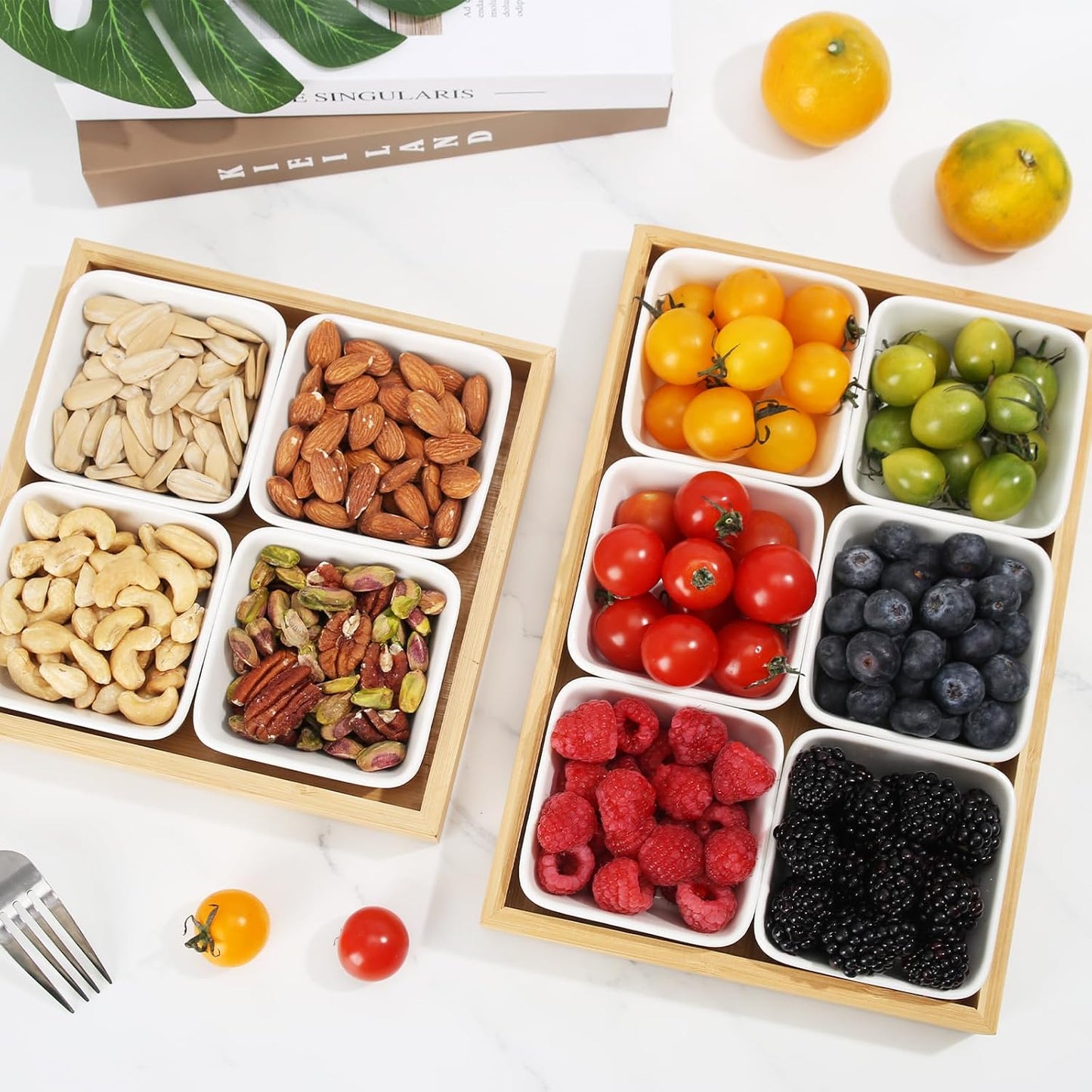 Ceramic Snack Bowls with Bamboo Tray Set,Divided Serving Bowls and Platters for Hosting & Party,Removable Serving Dishes for Chips and Dip,Fruit,Veggies,Candy and Snacks Kitchen Decor (4)