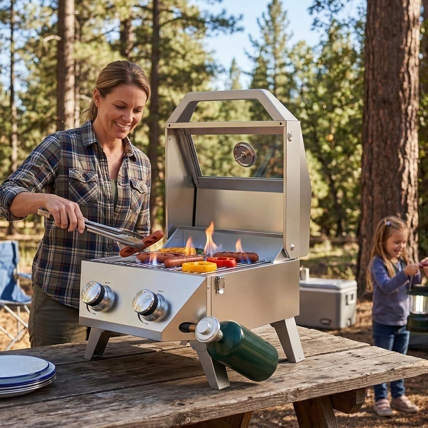 BESTFIRE 2-Burner Tabletop Propane Grill with Foldable Grill Cart, Portable Gas BBQ Station with Wheels & Prep Table, Dual-Fuel Setup for 1lb & 20lb Tanks, Stainless Steel Outdoor Kitchen for Camping
