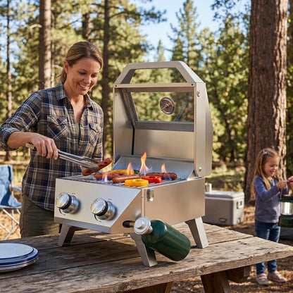 BESTFIRE 2-Burner Tabletop Propane Grill with Foldable Grill Cart, Portable Gas BBQ Station with Wheels & Prep Table, Dual-Fuel Setup for 1lb & 20lb Tanks, Stainless Steel Outdoor Kitchen for Camping