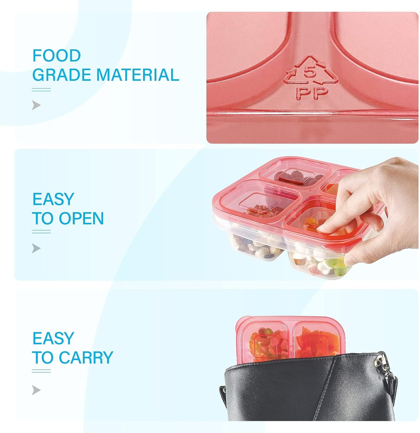 Finorder 6 Pack 4-Compartment Snack Containers, Reusable Food Containers for Kids School, Adults Office, Picnic Trip, Lunch Bento Box Meal Prep Containers (Bright Color Set)
