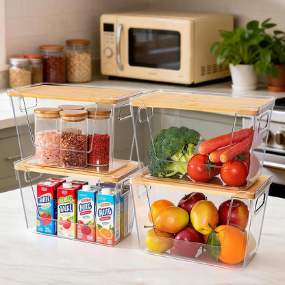 Criusia 2 Set Pantry Organizers and Storage with Bamboo Lids, Stackable Clear Bins for Onion, Potato, Fruit, Vegetables, Trash Bag Dispenser, Kitchen and Under Sink Organizer