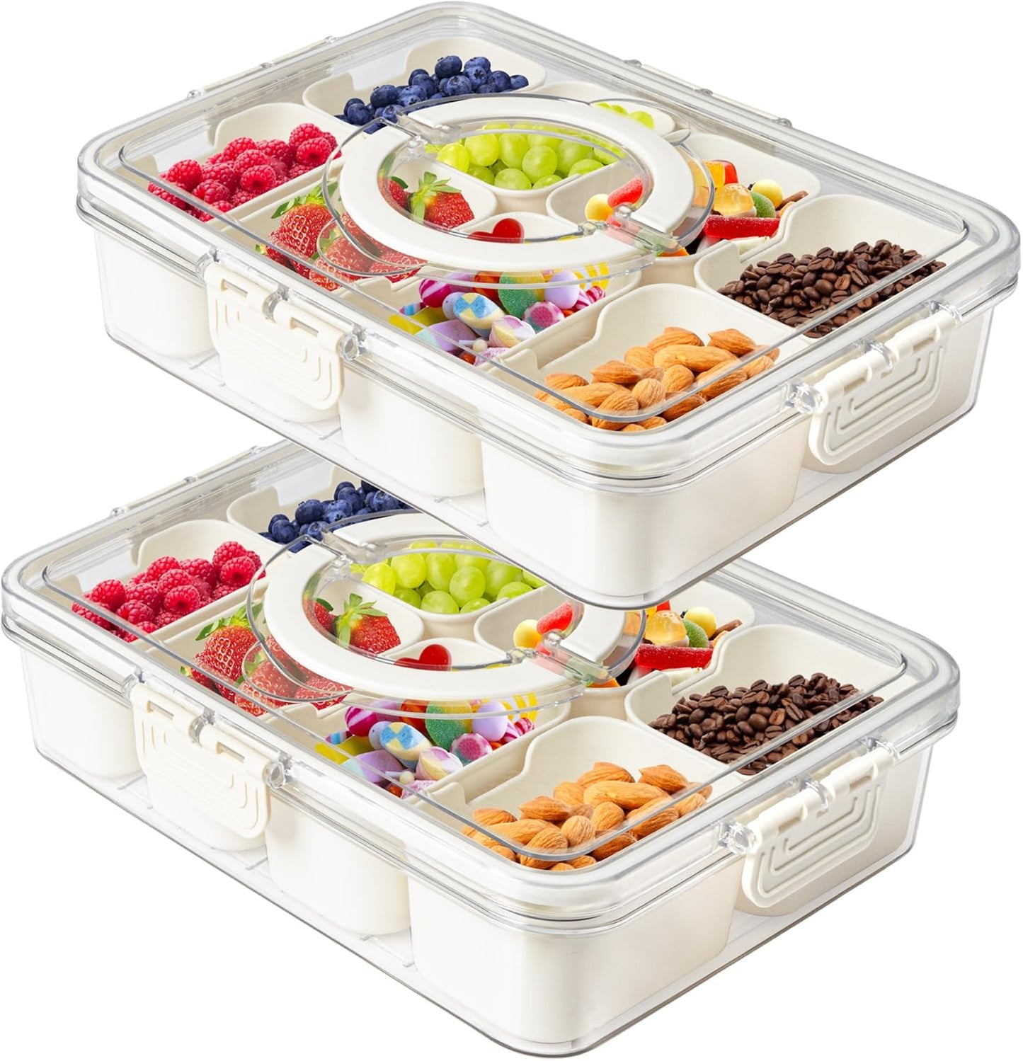 Divided Serving Tray with Lid for Veggie Charcuterie Container Portion Control Salad Keeper with 4 Removable Boxes Stackable Refrigerator Organizer Bins Food Storage Organizer Produce Saver