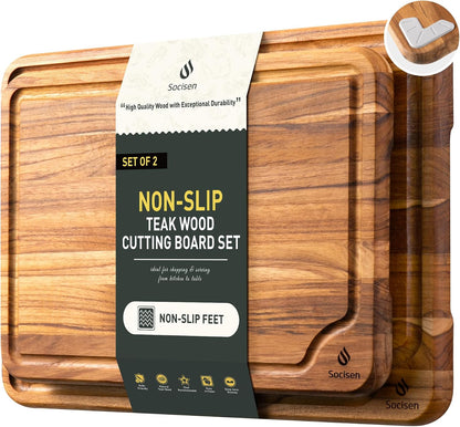 4 Pack Teak Wood Cutting Board Set for Kitchen Heavy Duty Non Toxic Non Slip Solid Thick Wood Haus Chopping Board Extra Large Big Small Meat Best Essential House Warming Hostess Host Gift