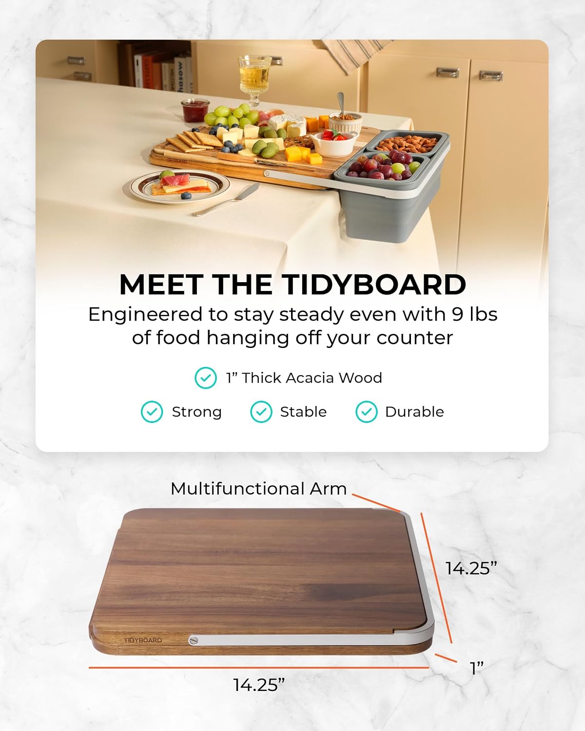 TidyBoard Meal Prep Cutting Board with Containers - Acacia Wood Cutting Board with Silicone Containers and Lids - Meal Prep Station - Over-the-Sink Chopping Board (Base Pack, Grey)