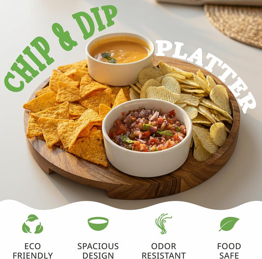 Chip and Dip Serving Platter — w/ 2 Ceramic Bowl — 12.2" Large Divided Serving Tray With Handles For Nachos & Salsa, Snack, Veggie, Fruit, Dessert — Wooden Hosting Essentials For Home