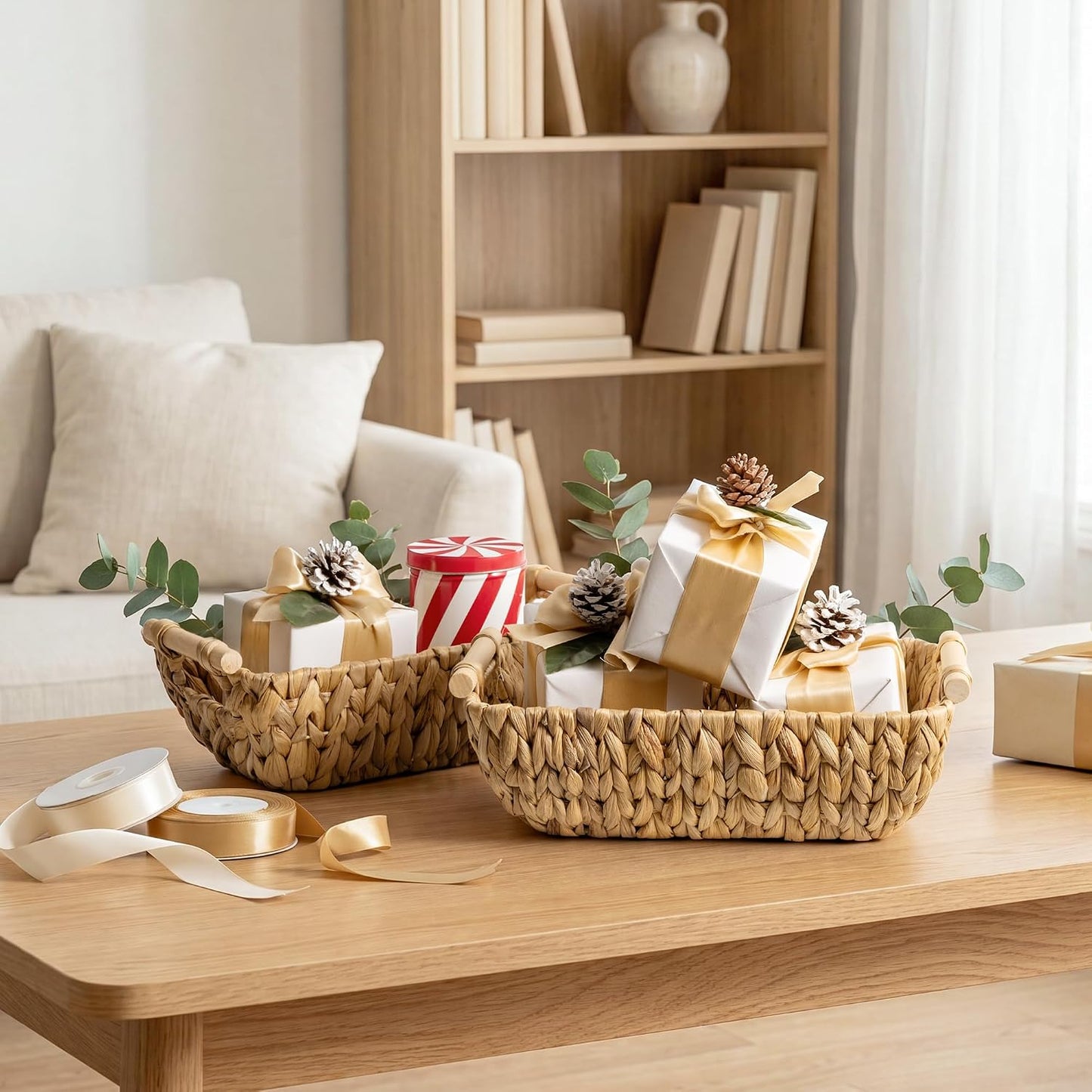 StorageWorks Hand-Woven Storage Baskets with Wooden Handles, Water Hyacinth Wicker Baskets for Organizing, 2 Pack