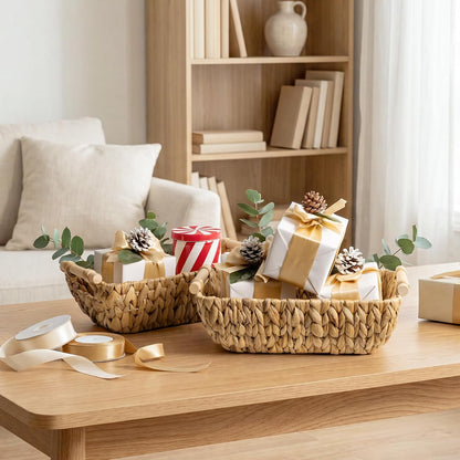 StorageWorks Hand-Woven Storage Baskets with Wooden Handles, Water Hyacinth Wicker Baskets for Organizing, 2 Pack